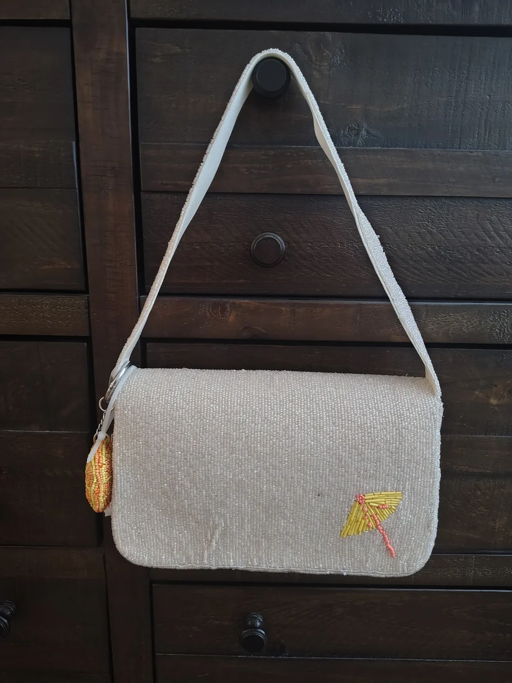 White Beaded Shoulder Bag with Colorful Coctail & Fruit Embellishments